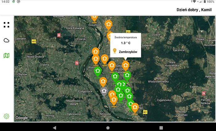 Mapa aktualnej sytuacji pogodowej w aplikacji AgronetPRO
