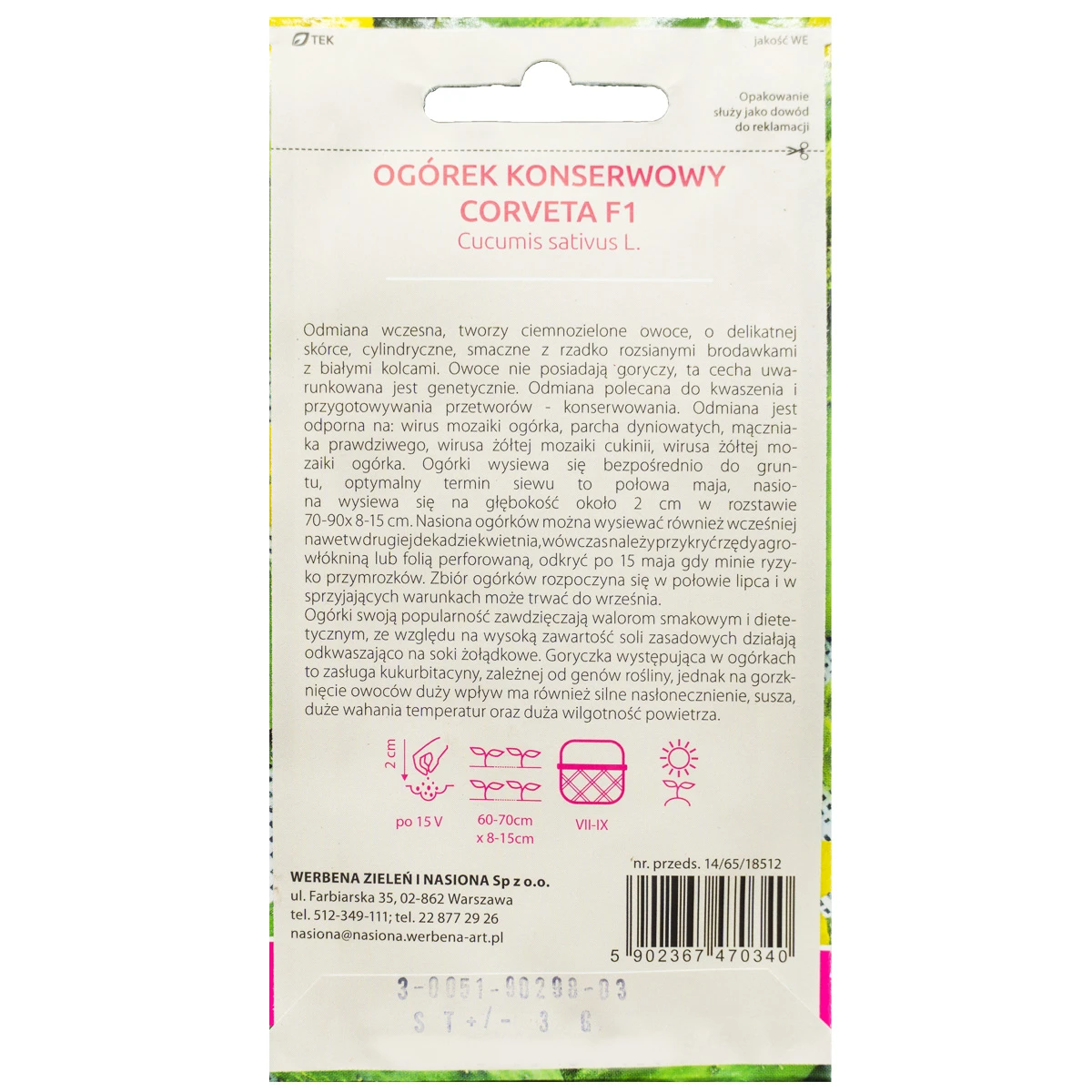 Ogórek konserwowy 'Corveta' F1 3g Werbena