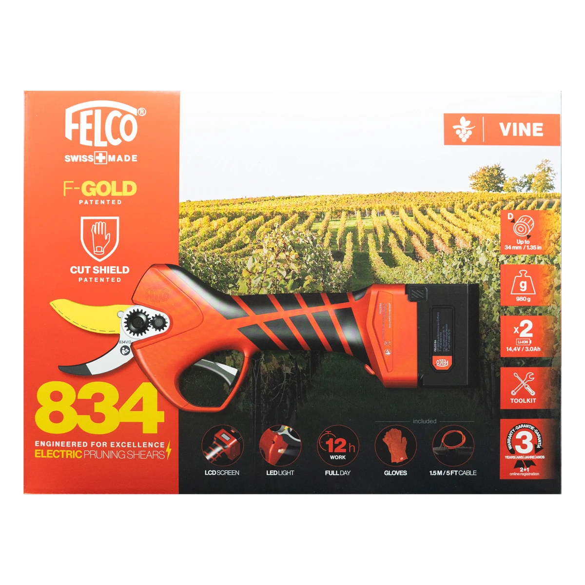 Sekator elektryczny do winorośli 834V + dwa akumulatory FELCO