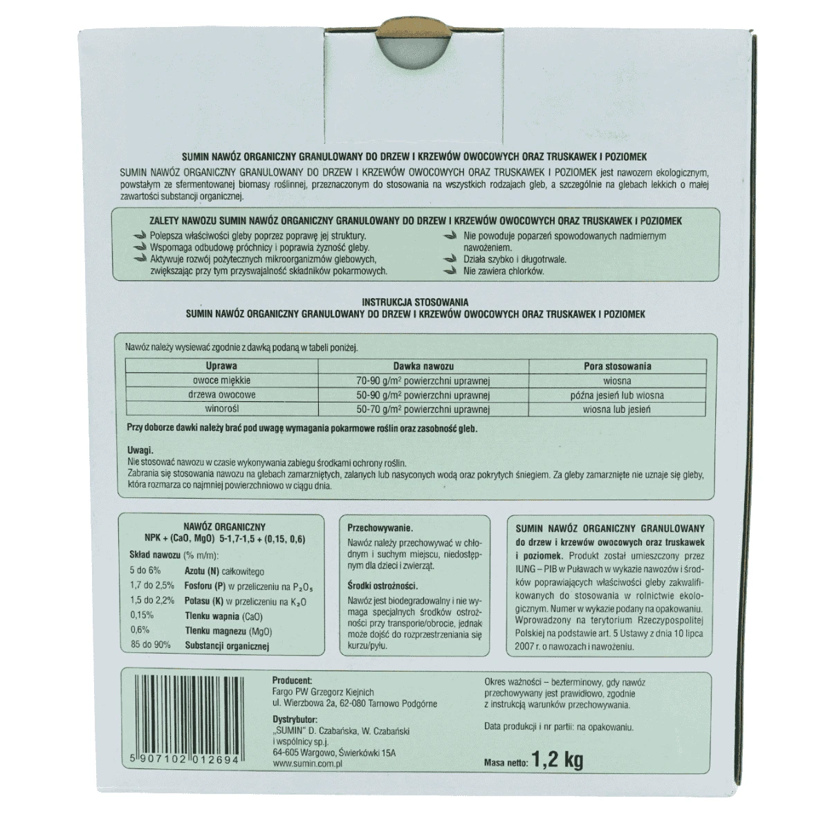 SUMIN NAWÓZ DO DRZEW I KRZEWÓW OWOCOWYCH ORAZ TRUSKAWEK I POZIOMEK 1,2KG