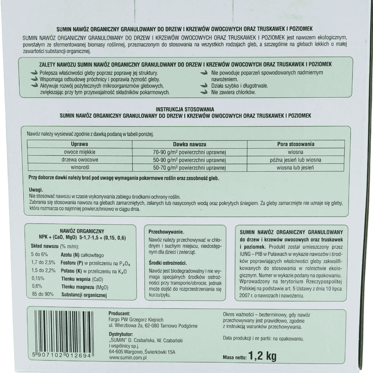 SUMIN NAWÓZ DO DRZEW I KRZEWÓW OWOCOWYCH ORAZ TRUSKAWEK I POZIOMEK 1,2KG
