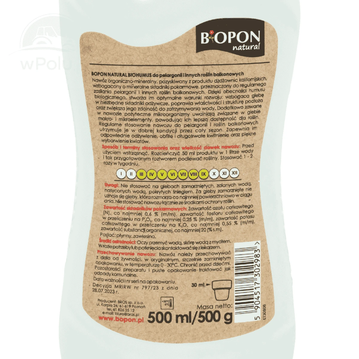 Biohumus do Pelargonii i Roślin Balkonowych 0,5L Biopon