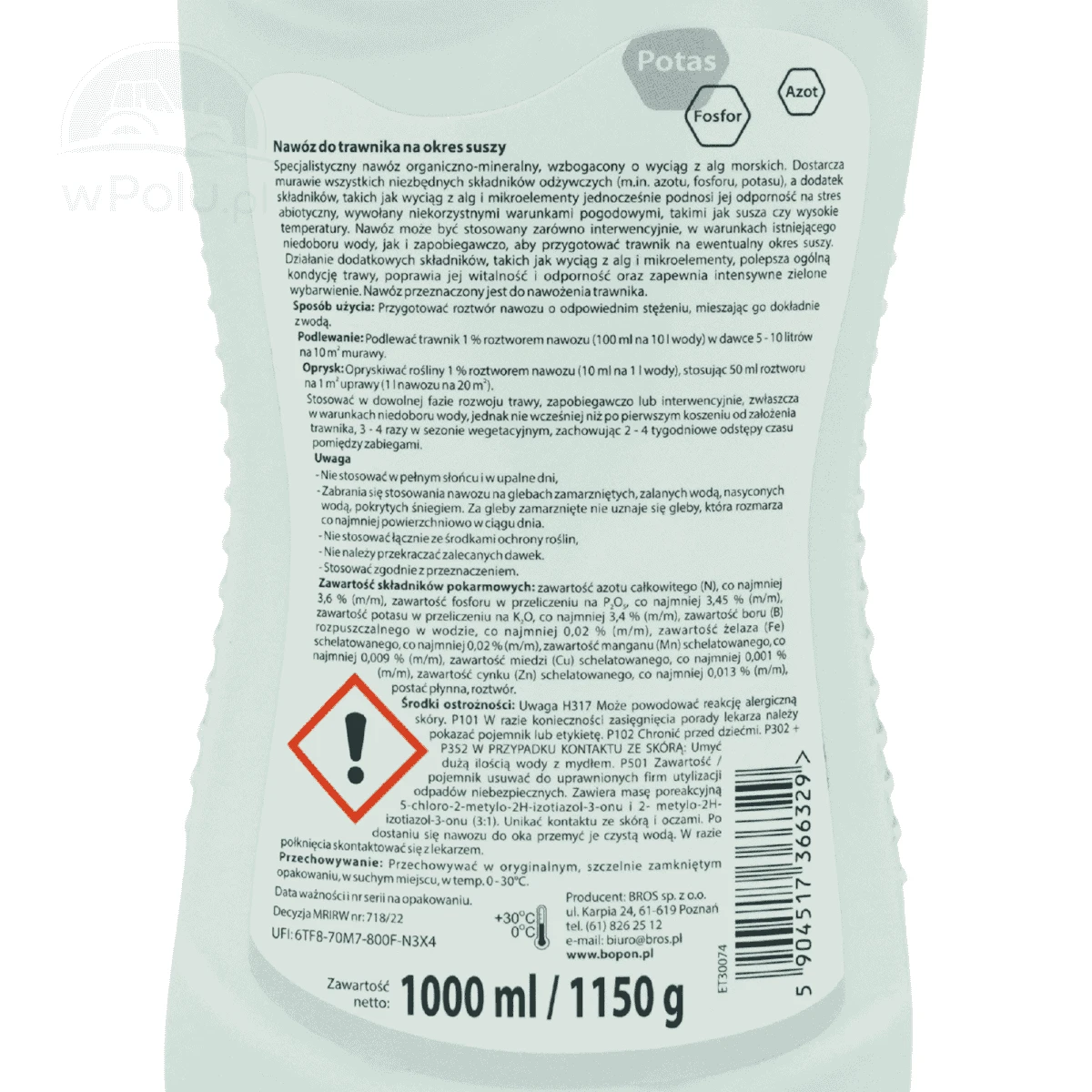 BIOPON NAWÓZ DO TRAWNIKA NA OKRES SUSZY PŁYN 1L