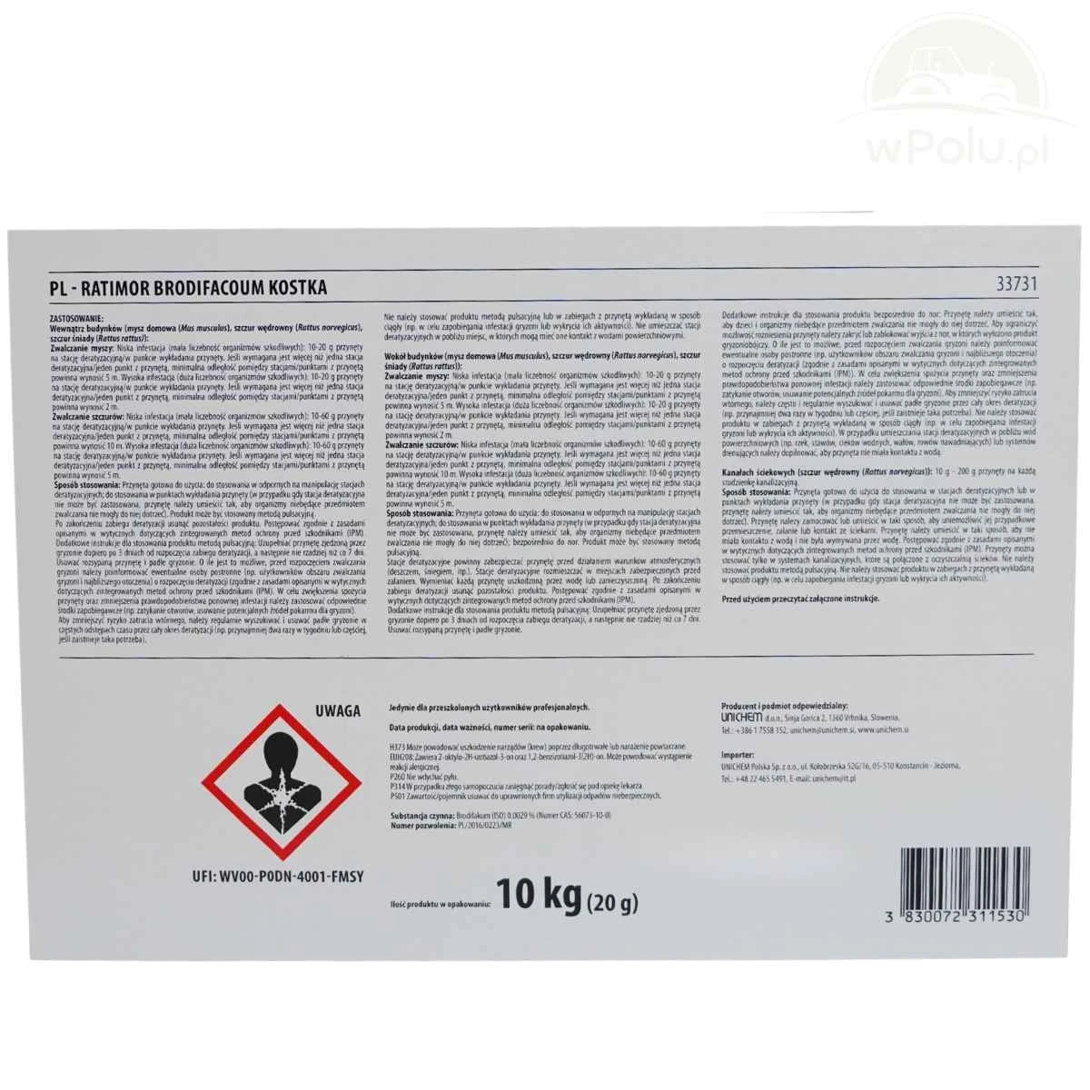 Trutka Kostka Woskowa 20g Brodifacoum 29ppm Karton 10 kg Ratimor 